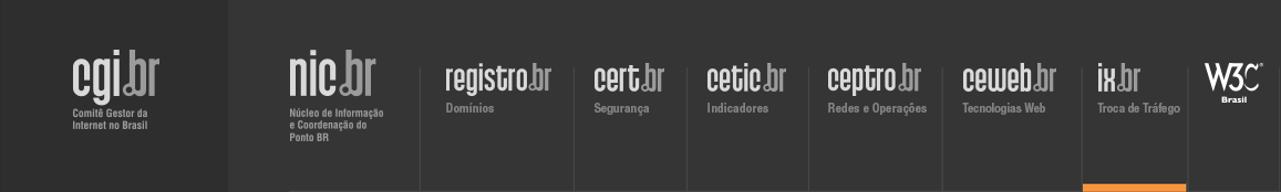 Logos do CGI.br, NIC.br, Registro.br, Cert.br, Ceptro.br, Cetic.br e W3C